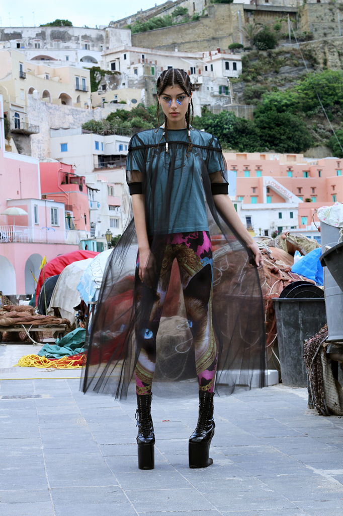 DRESS- DOMINICO CIOFFI T-SHIRT- STYLIST'S OWN LEGGINGS- ZERO STIGMATA SHOES- ZERO STIGMATA