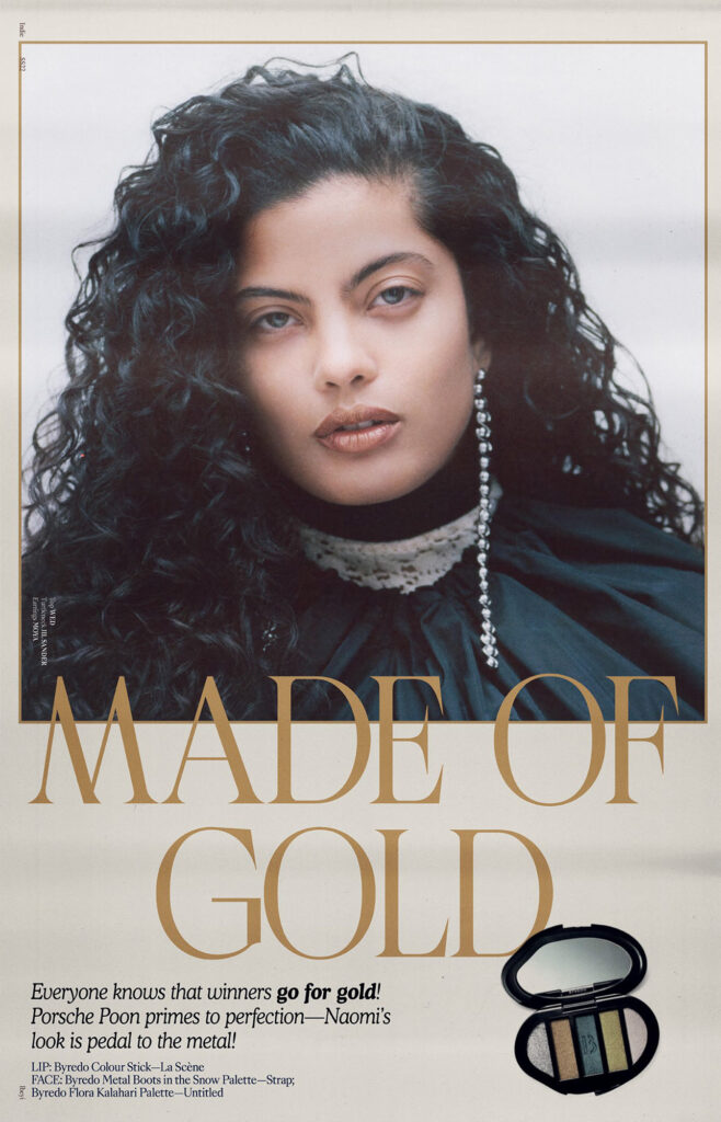 Naomi of Ibeyi in a vintage-inspired beauty poster with the slogan 'Made of Gold'