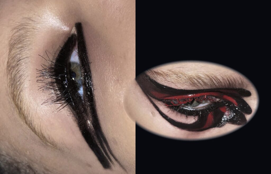 Close-up of two dark eyeliner looks, one with red detailing and lashes