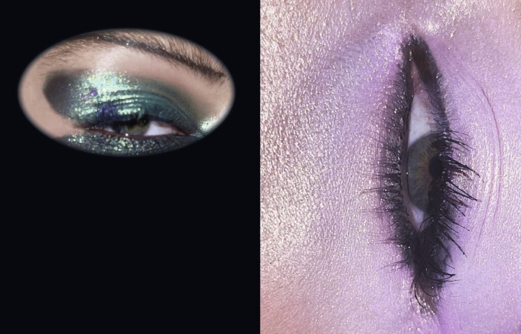 Close-up of large shimmering eyeshadow looks in lilac and turquoise