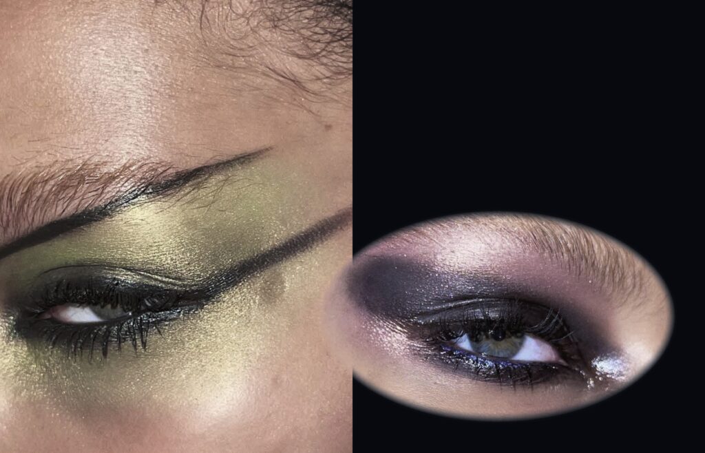 Close-up of expressive bright green and deep purple eyeliner