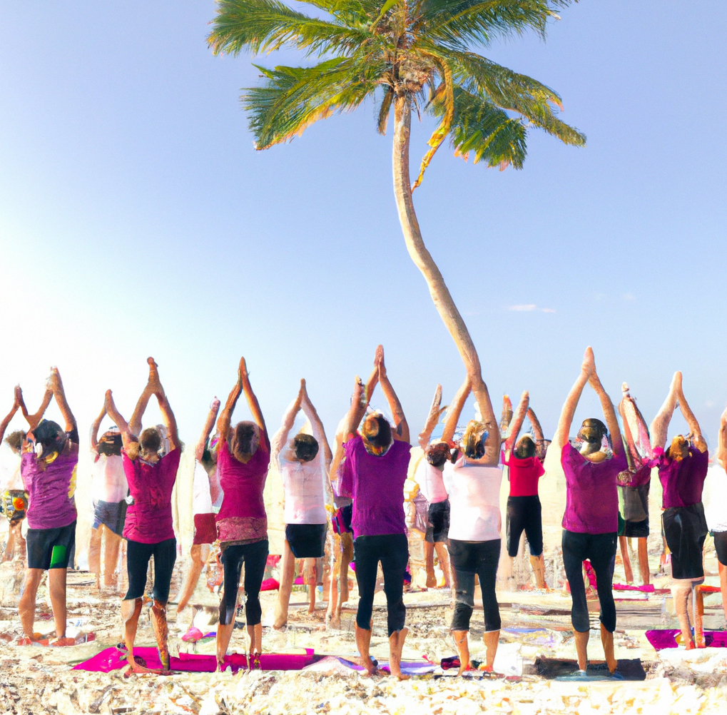 AI-generated image of yoga group reaching up to the sky on a sunny beach