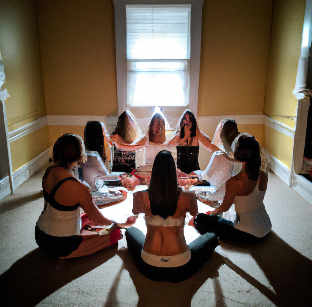 Unsettling AI-generated image of a yoga group sitting in a circle holding hands