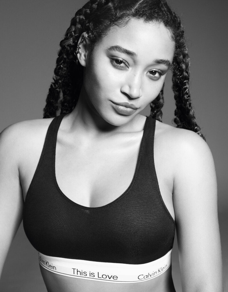 Black and white image of Amandla Stenberg in Calvin Klein bra