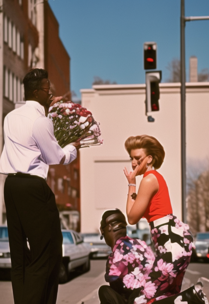 AI-generated image of a man proposing to a woman on a busy road